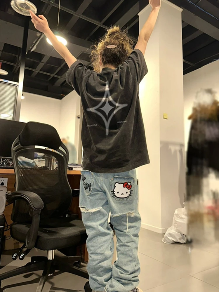 特大码300斤美式复古水洗做旧短袖t恤男女夏季潮牌宽松纯棉上衣