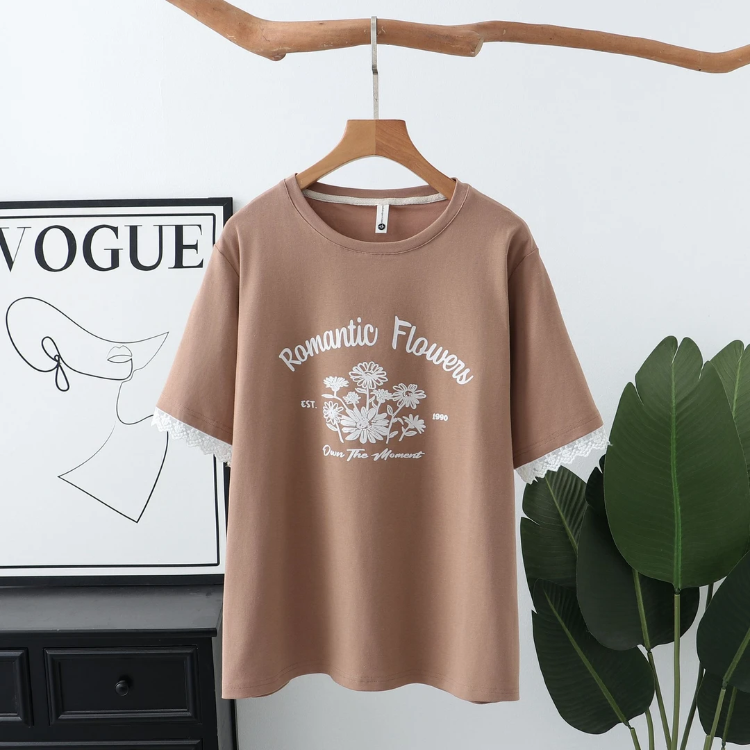 大码女装2025夏季新款设计袖口蕾丝边印花短袖200斤胖妹妹T恤