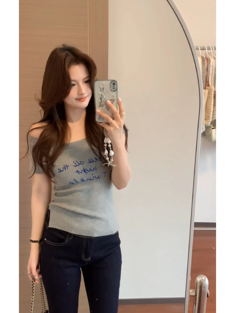 【肉肉】字母印花短袖毛针织衫上衣女夏季修身显瘦安迪绒百搭T恤