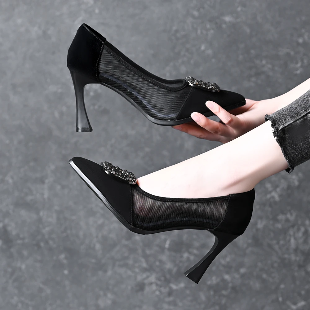 水钻扣尖头网纱单鞋2025新款一脚蹬法式细跟配裙子气质高跟鞋