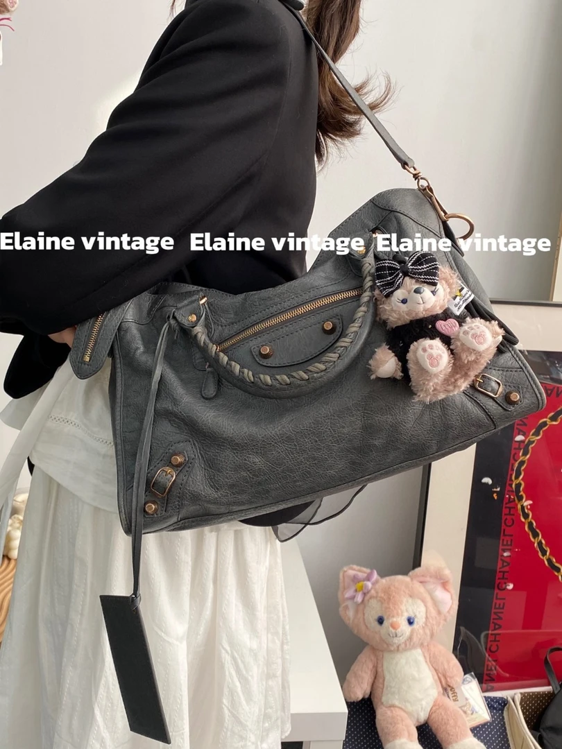 95新 Balenciaga/巴黎世家 深灰色拼玫瑰金扣机车包(37cm)