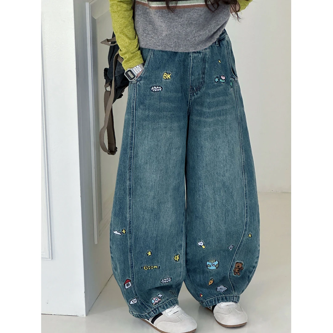 K29881孙小美绣花女童牛仔裤2025秋装新款儿童裤子大童春秋弯刀裤