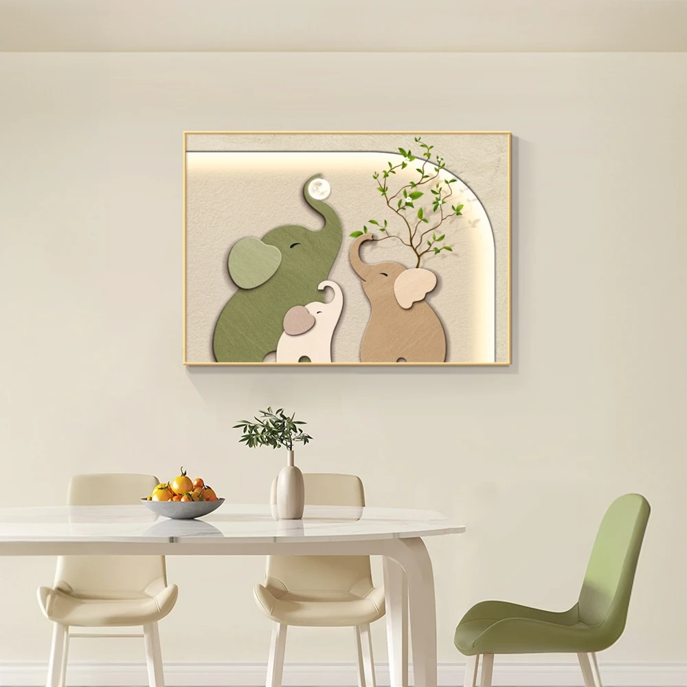 大象餐厅装饰画一家人三口寓意好餐桌饭厅挂画小清新绿色植物壁画