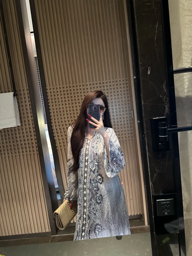 【粥粥高级定制】幽蓝梦境高定中东阿拉伯贵妇重工贵气印花长裙