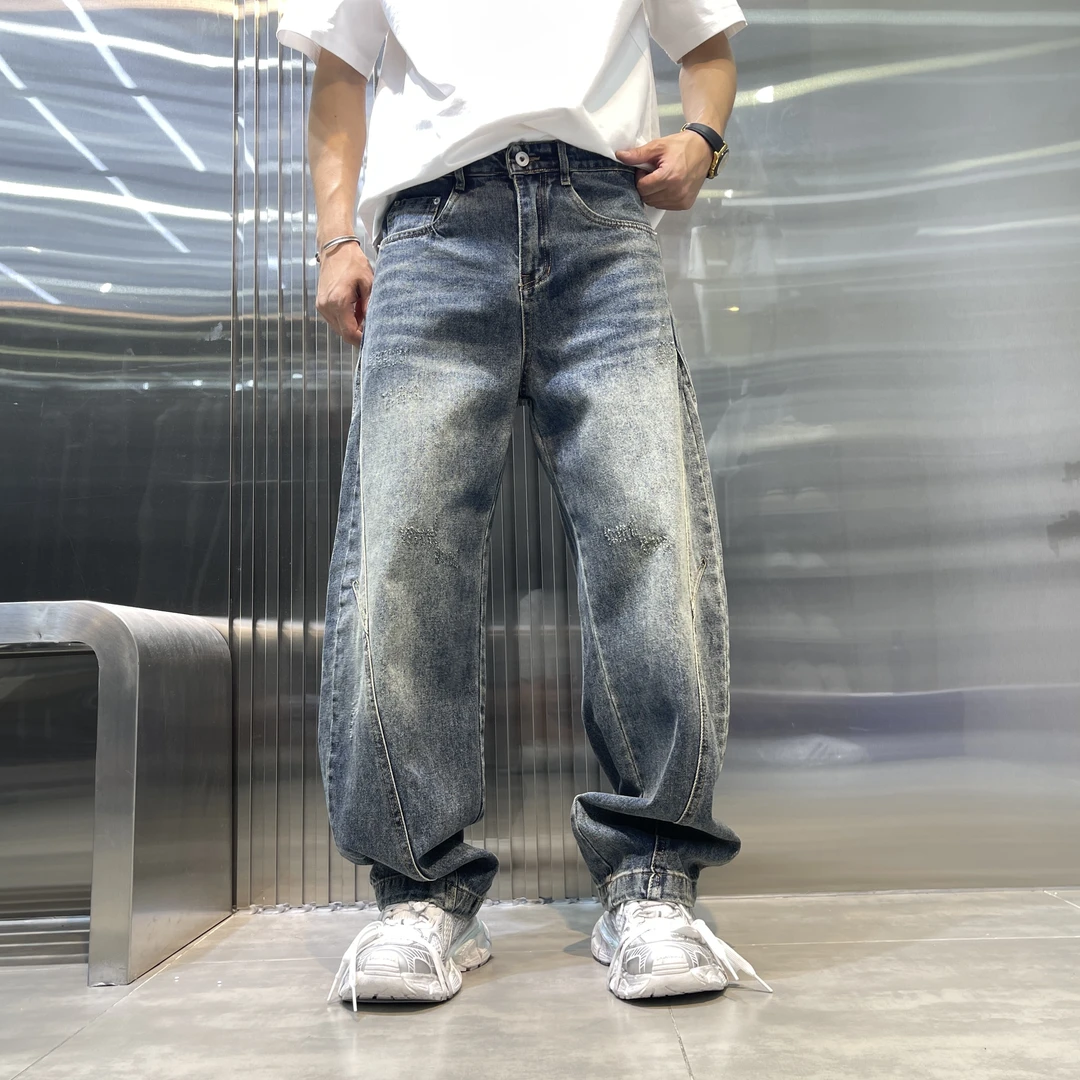 2025秋冬新款男款美式弯刀裤潮流宽松男士直筒牛仔裤水洗做旧长裤