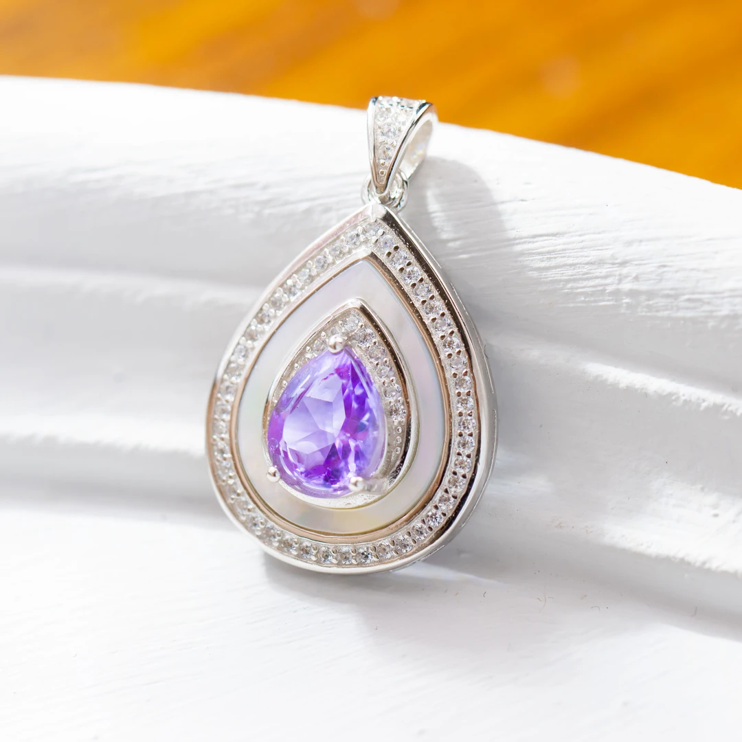 S925银素银镶嵌紫水晶水滴气质时尚百搭女款吊坠 不含链
