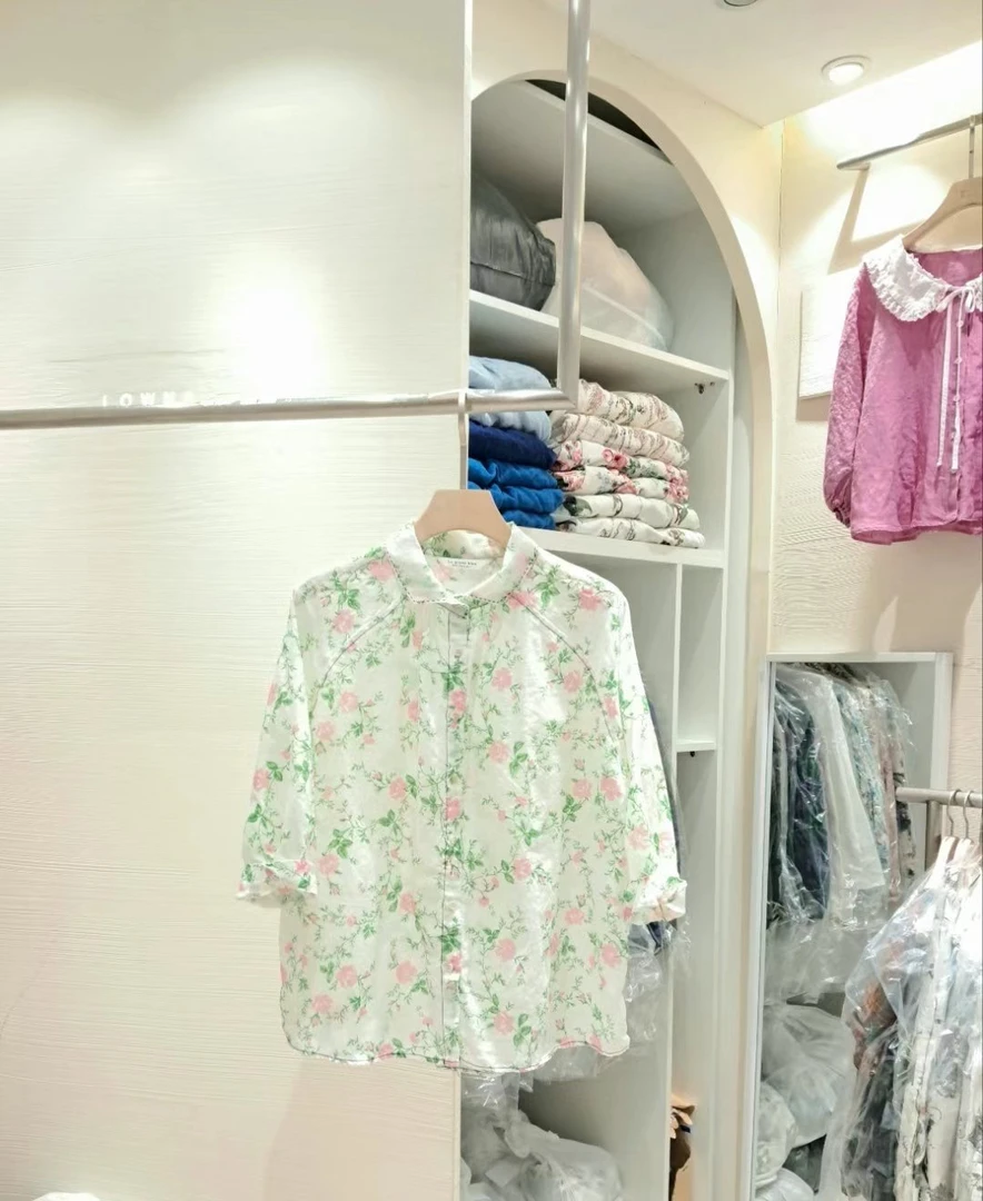 《海津洋》亚麻小花翻领衬衫印花纯欲慵懒风女装