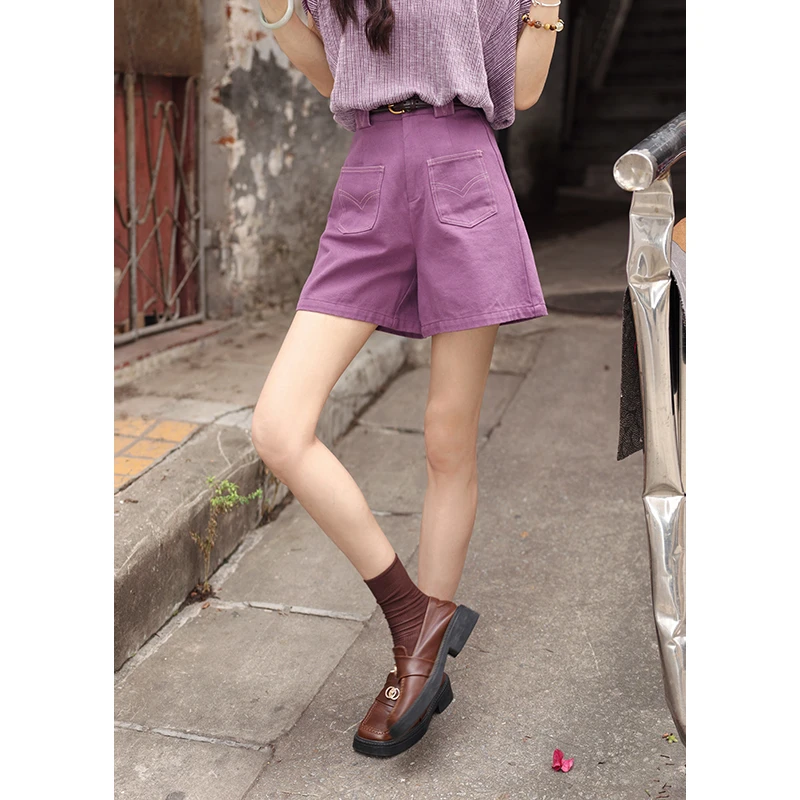 陈佳洁【葡萄满枝】港风复古纯色休闲短裤女高腰百搭裤子JN032432