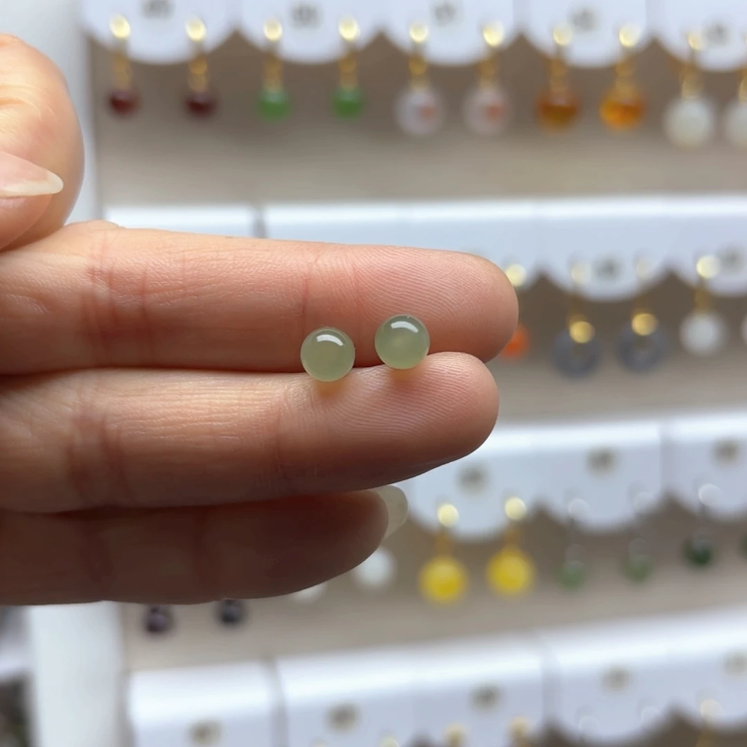 和田玉耳饰银S925镶嵌6mm