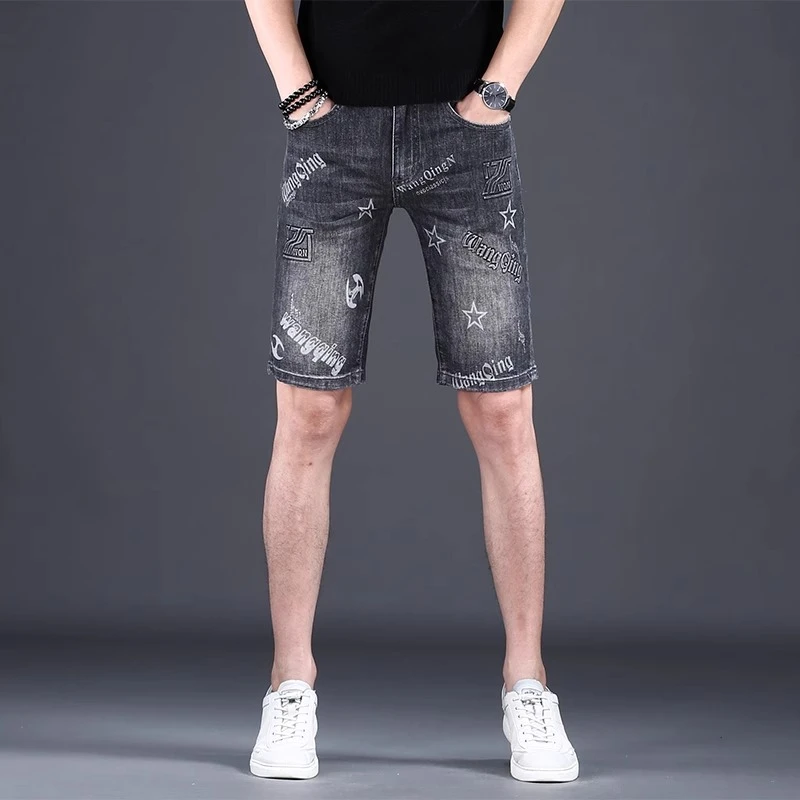 JJ美式高街夏季薄牛仔短裤男刺绣印花五分裤韩版修身潮流时尚中裤