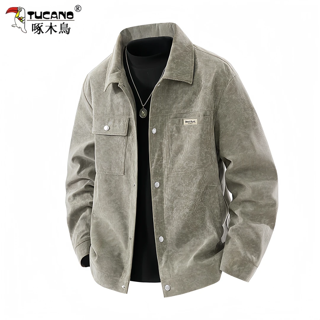 TUCANO/啄木鳥春秋灯芯绒外套男士翻领印花夹克宽松大码休闲上衣