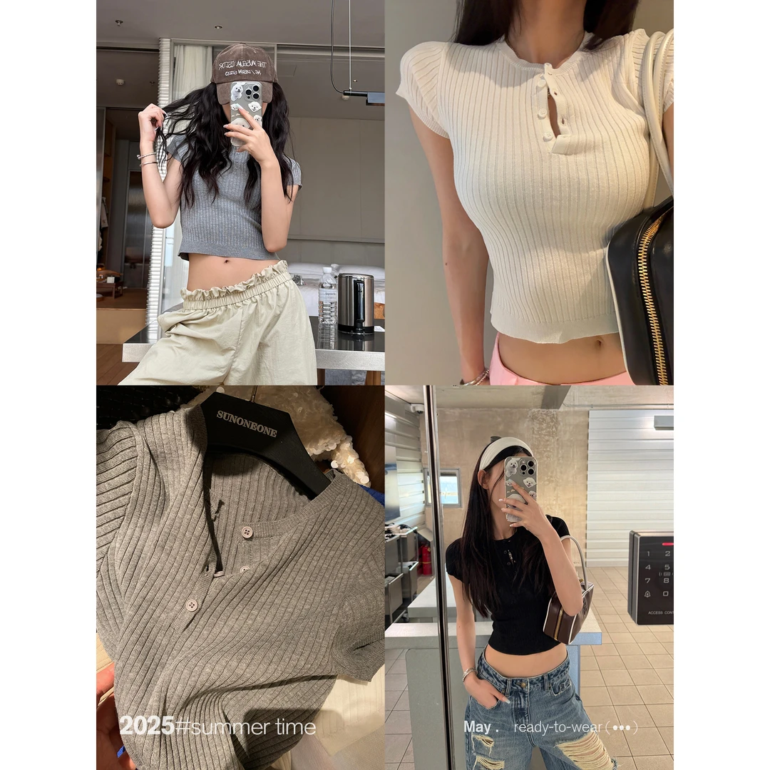 SUNONEONE 亚麻坑条修身短袖针织T恤女夏亨利扣短款上衣H1103C