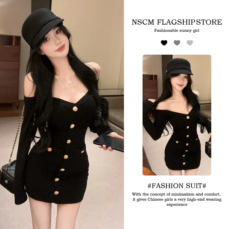 NSCM秋冬新款韩系穿搭性感辣妹风设计感时尚露肩针织长袖连衣裙