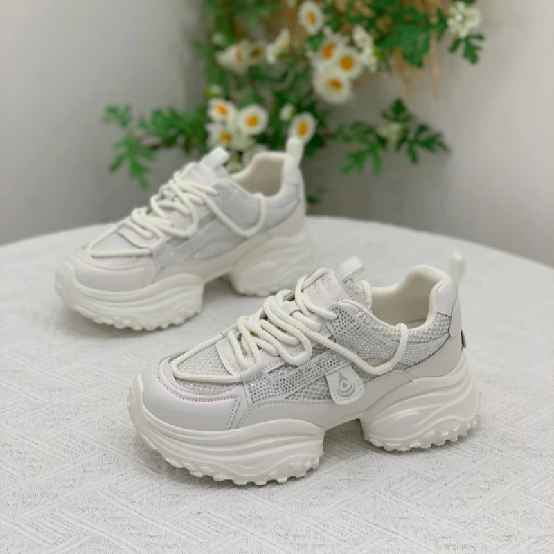 水钻网面透气系带百搭老爹鞋女2025年夏新款炸街厚底显腿长运动鞋