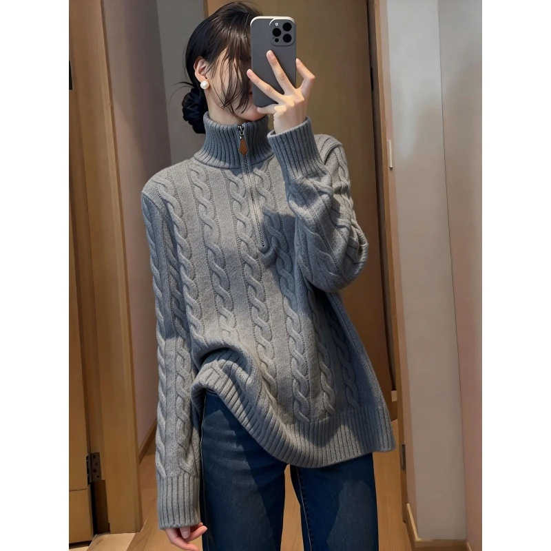 休闲百搭暖和高级感宽松显瘦灰色上衣女2025长袖冬高领半拉链毛衣