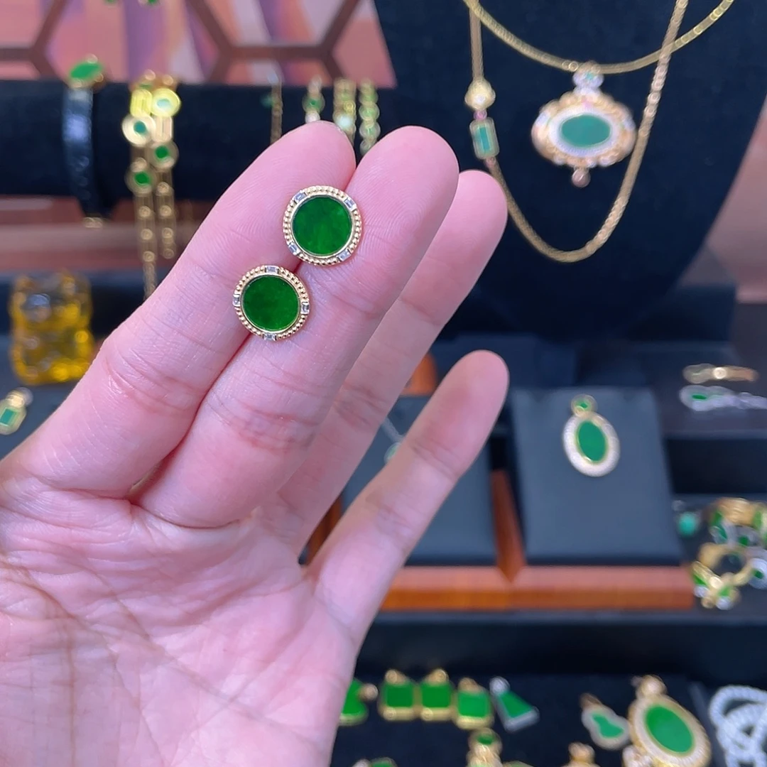 翡翠银S925镀金镶嵌耳饰