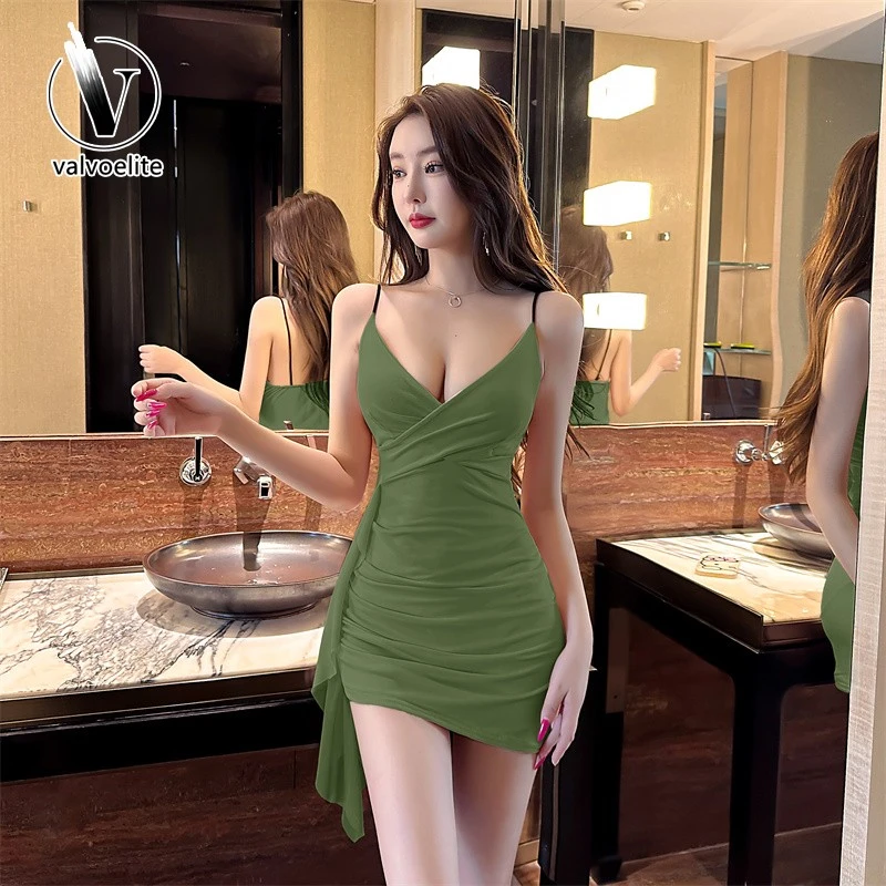 VALVOELITE性感辣妹不规则网纱紧身包臀短裙女夏御姐低胸V领吊带