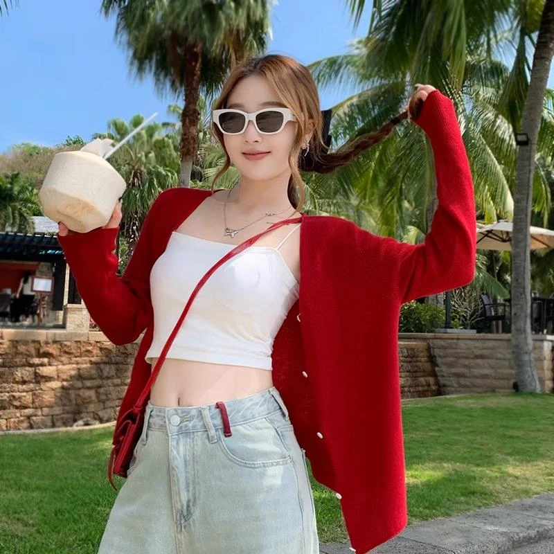 红色新针织防晒开衫薄款女夏季披肩配吊带宽松慵懒加绒加厚毛衣