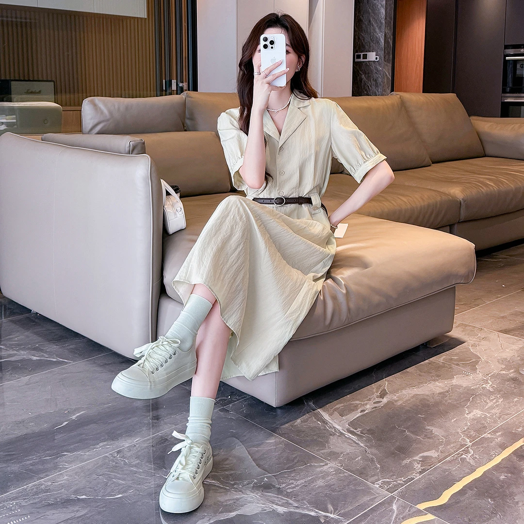 DC972 唐狮2025新款女夏衬衫领短袖连衣裙v领气质显瘦收腰淑女