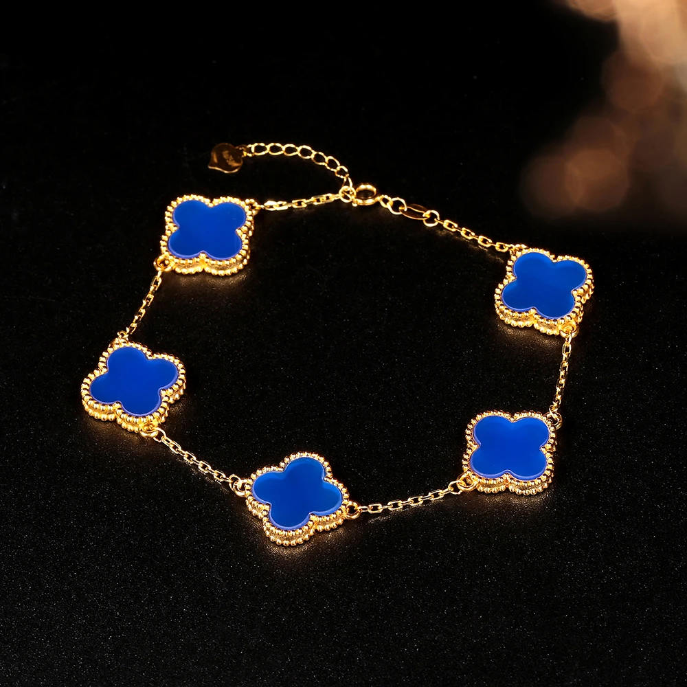 【佳佳专属】18k金玛瑙克莱因蓝10/13/15mm四叶草五花手链