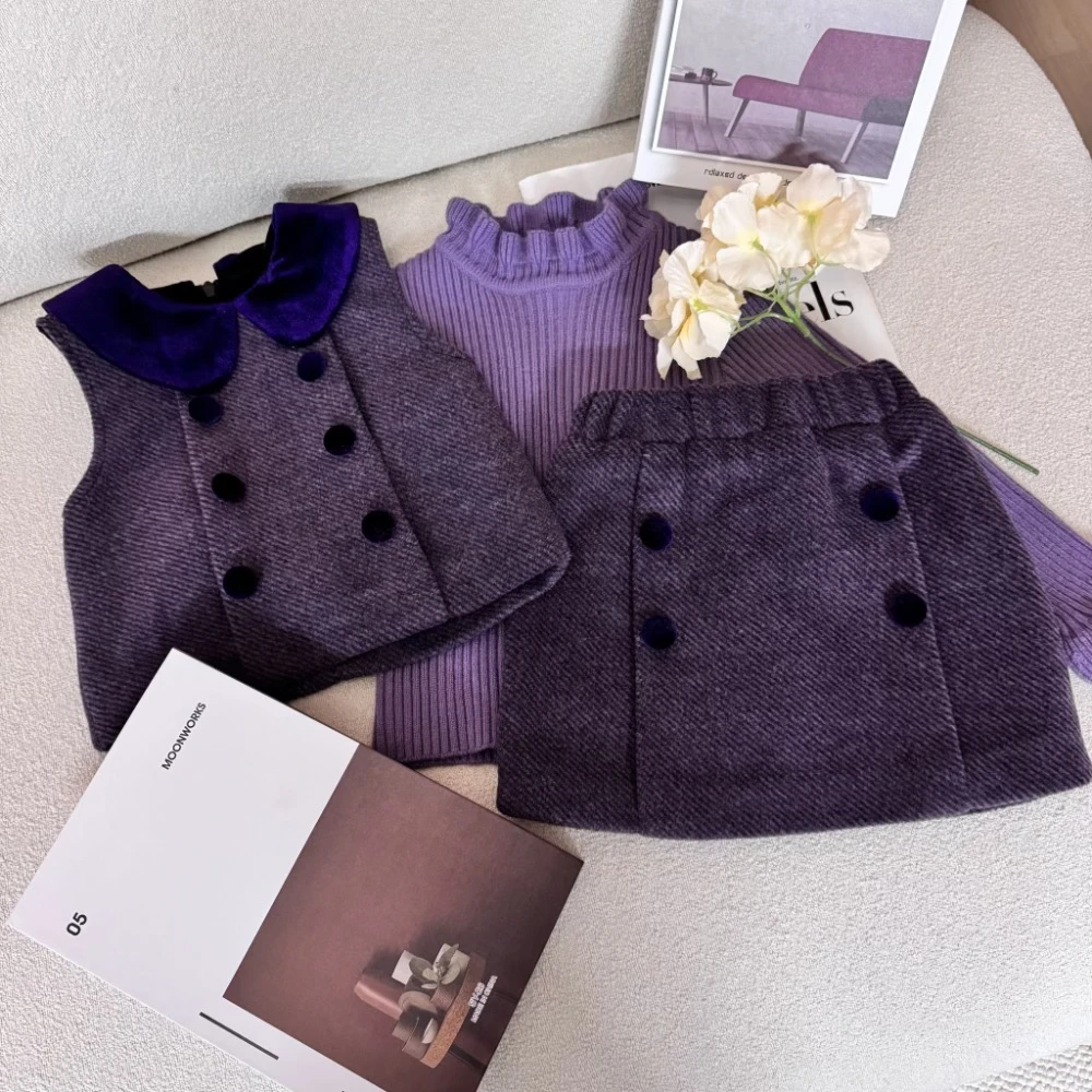 2025年童装女童小香风套装秋冬款洋气宝宝时髦韩版毛呢马甲半裙