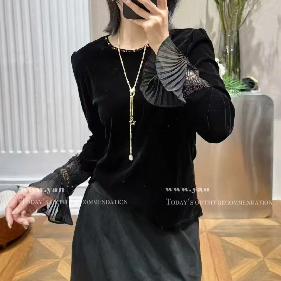 深圳乔莎【一帛秋泓】精致氛围感拼接蕾丝袖上衣