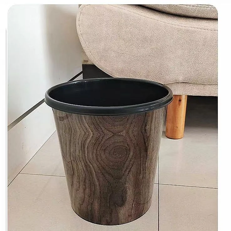 【发3个】新中式仿木纹垃圾桶复古风圆形家用客厅卧室纸篓PP无盖桶