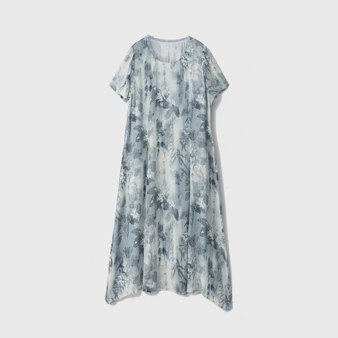 真丝印花双绉连衣裙100%桑蚕丝蓝色花朵半袖宽松显瘦长裙LQ52142