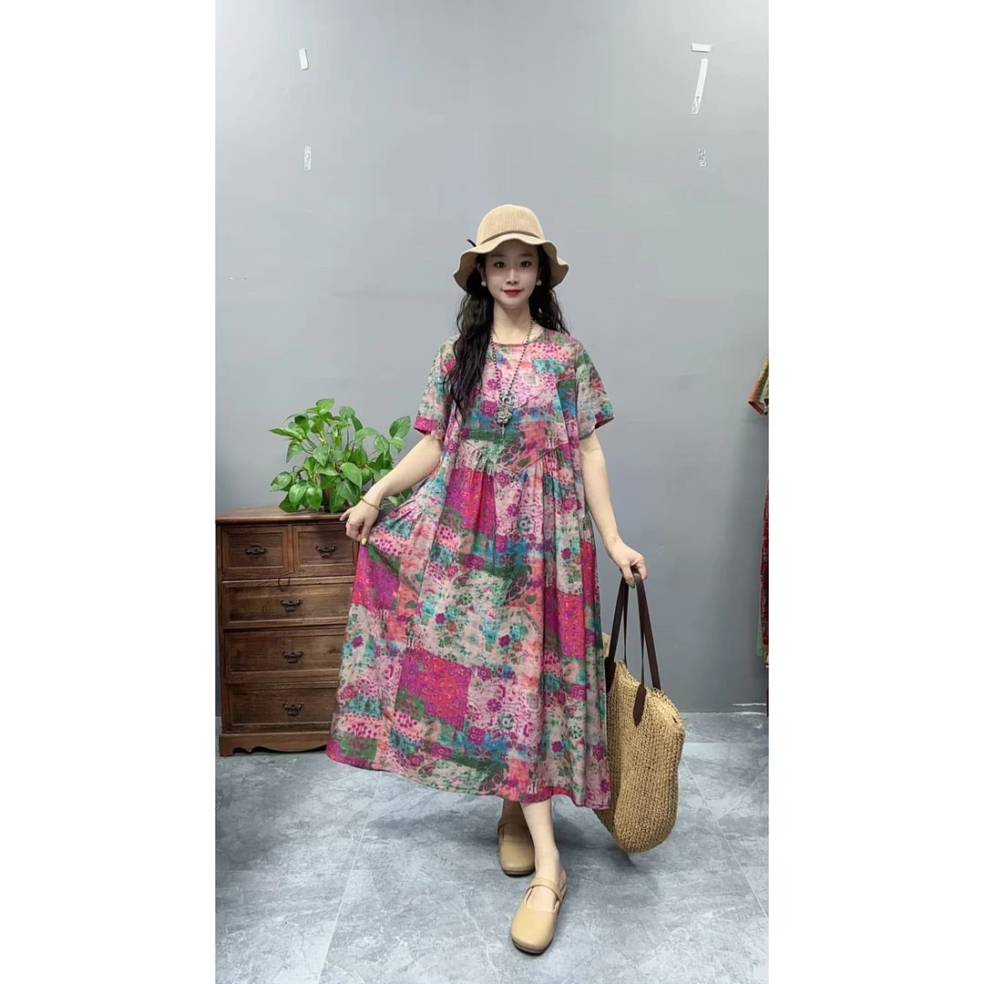 5068夏季新款清凉气质时尚复古遮肚宽松女显瘦百搭圆领休闲连衣裙