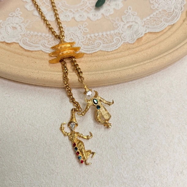 铜合金合成锆石项链 【六六中古】孤品项链胸针两用th5908链长66