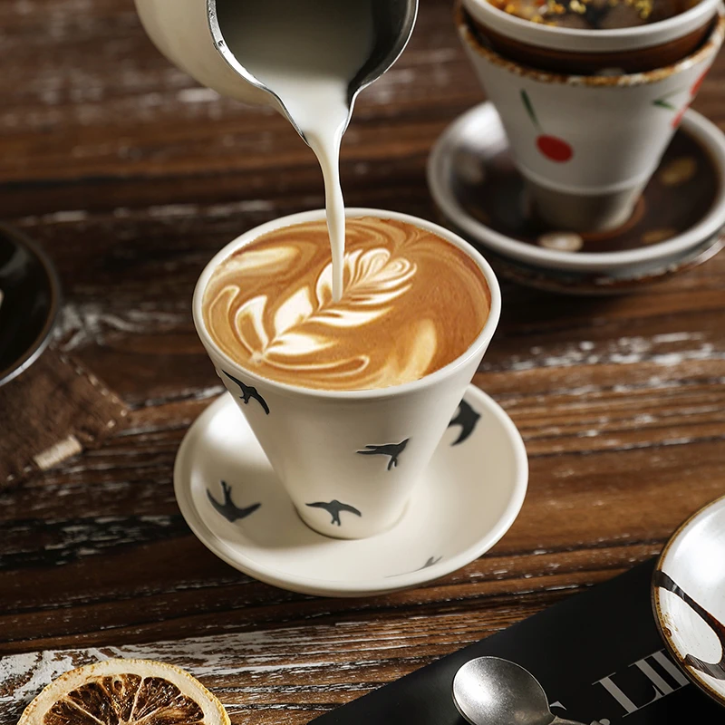 舍里复古粗陶手绘咖啡杯高档精致陶瓷杯子套装拉花杯礼盒装杯碟
