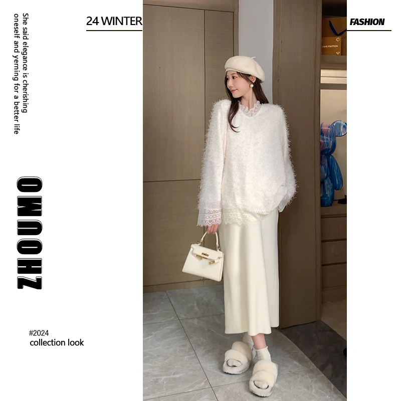 沫沫严选●2025孕妇装重工新款蕾丝时尚上衣搭孕妇针织半身裙套装