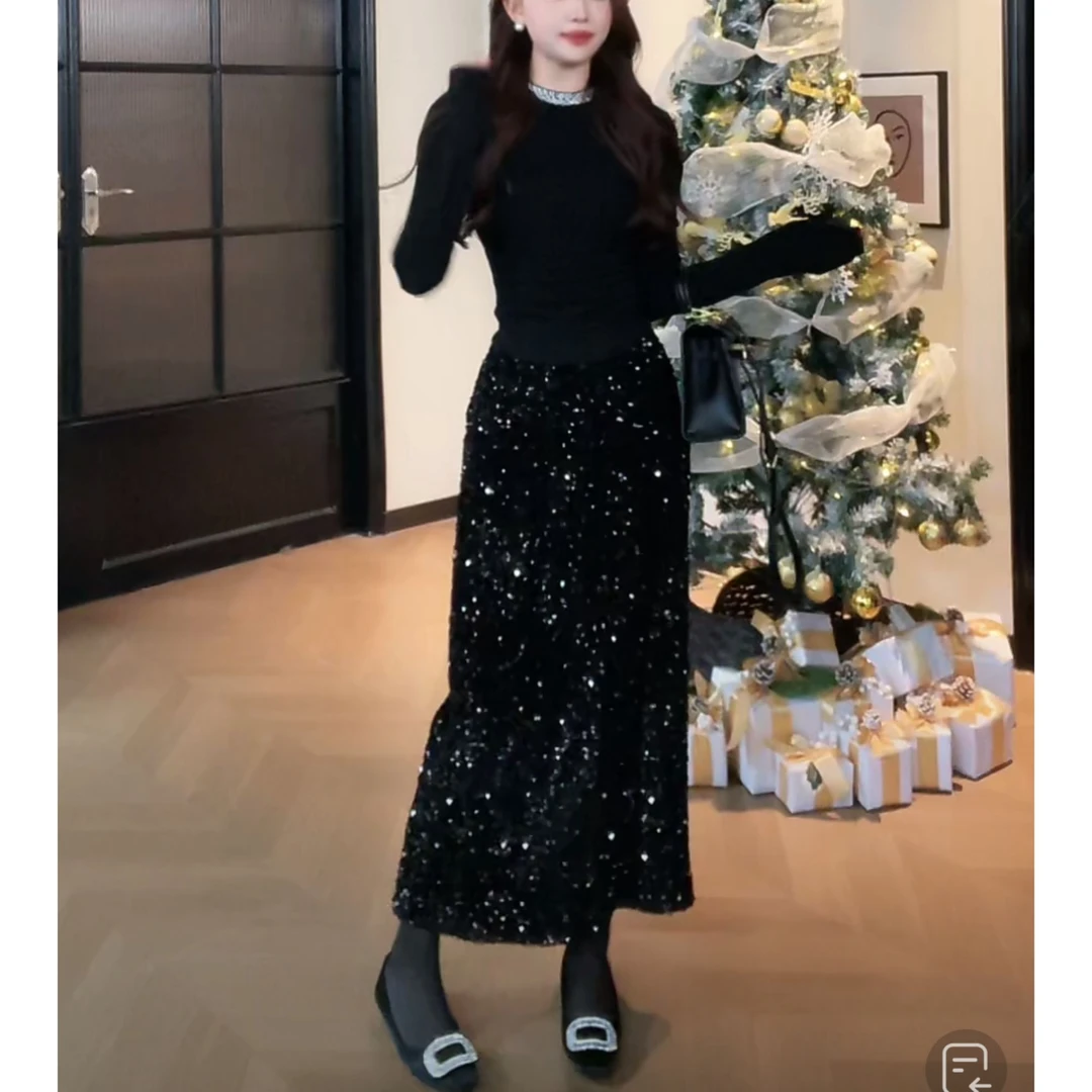 SZA【亮片闪闪】新款秋高级感气质中长款高腰显瘦弹力半身裙A-429