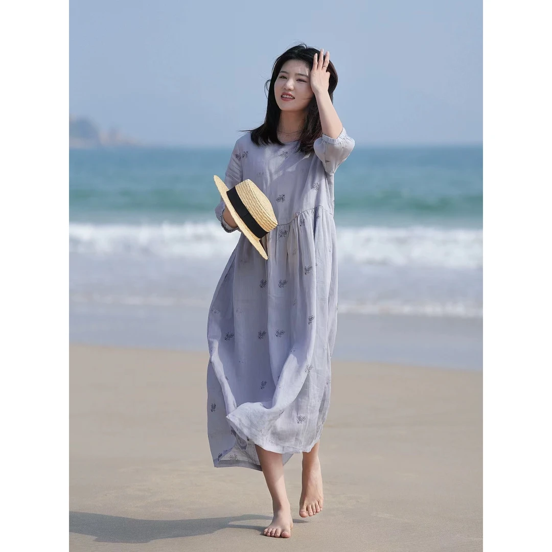 2025春夏新款原创设计苎麻宽松大码飘逸大摆文艺纯欲慵懒风女装