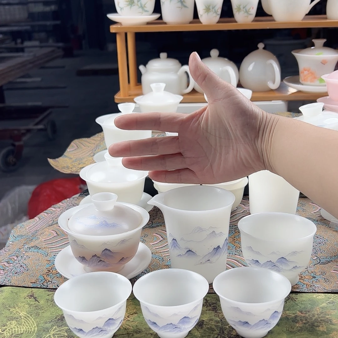 我***来素烧璞玉盖碗，茶海，3个60ml，压手杯120ml，紫色万里山河款
