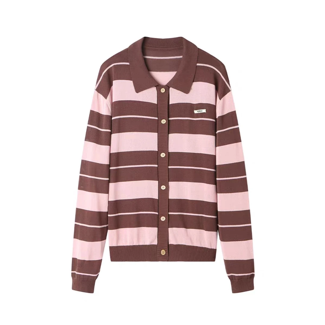 REREK/2025春夏撞色慵懒风polo领毛衣女休闲翻领针织条纹开衫上衣