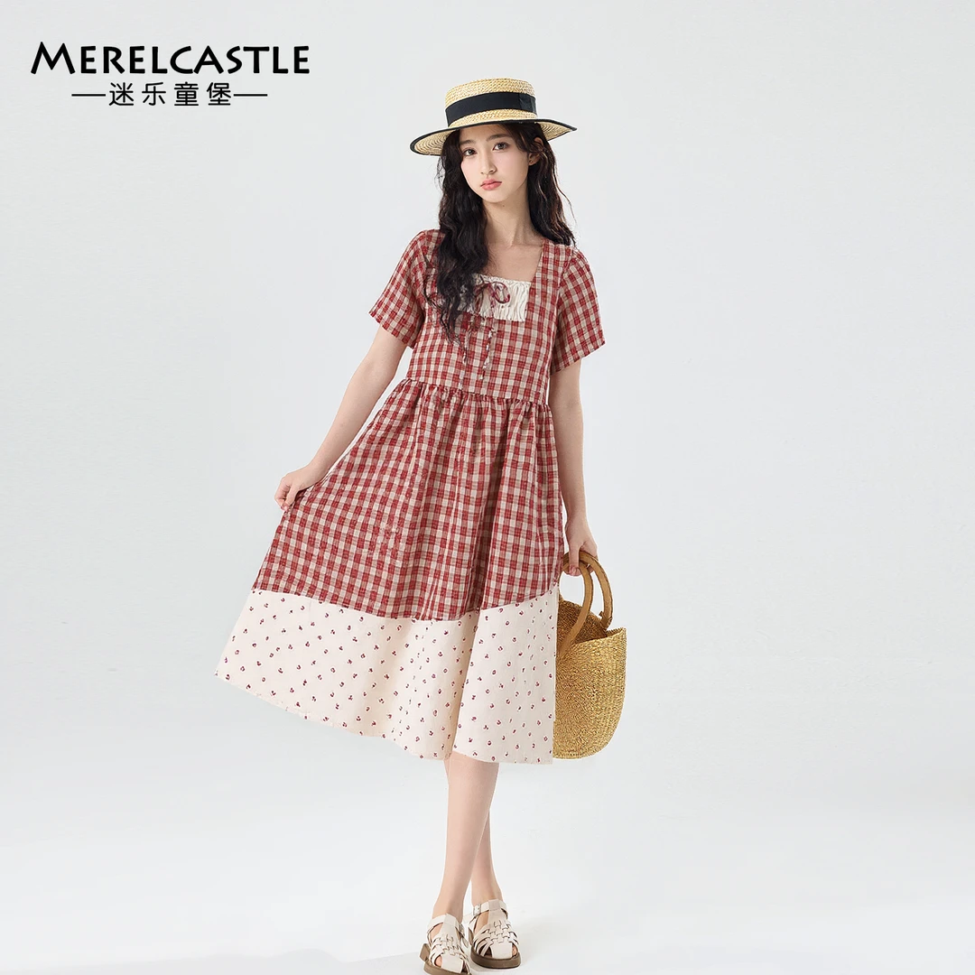 C5403女童连衣裙夏装2025新款初中生女孩超好看大童夏季格子裙