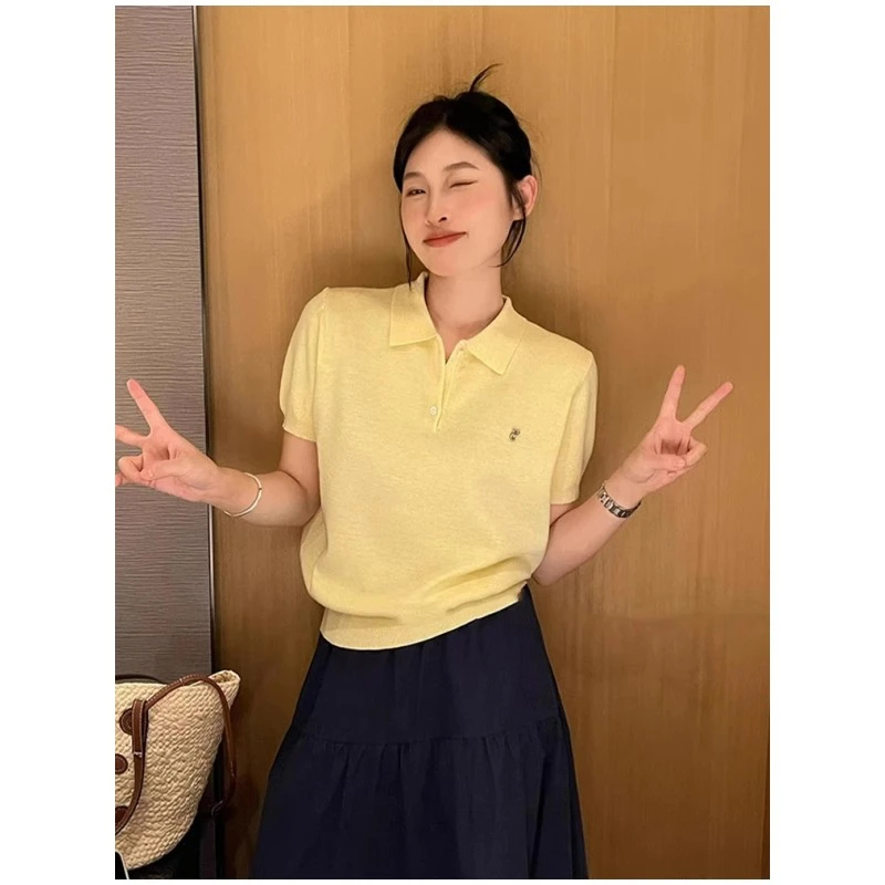 独特超好看黄色Polo领针织冰丝短袖t恤女夏季小个子短款正肩上衣