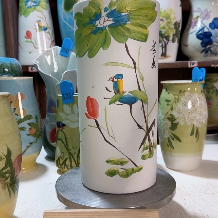 直筒油画荷花鸟腰哑光新款陶瓷陶瓷陶瓷