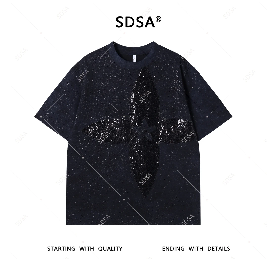 SDSA夏季新款男士痞帅潮牌满天星亮片十字设计圆领短袖T恤时尚潮