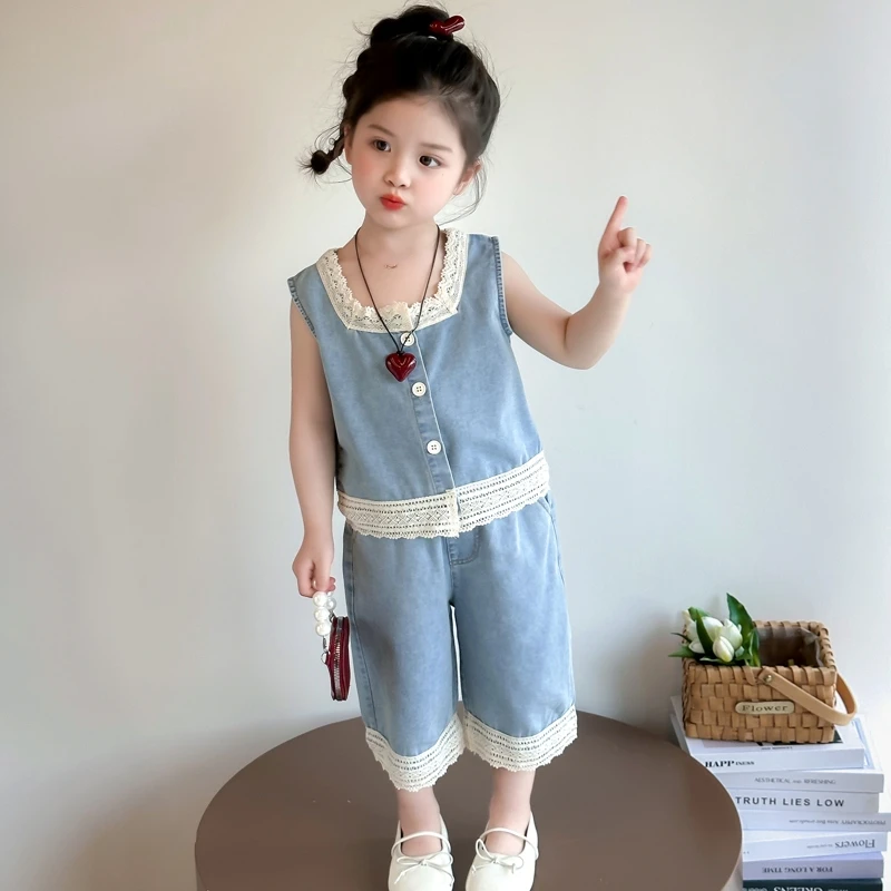 女童夏季牛仔套装2025新款薄款洋气宝宝无袖儿童蕾丝阔腿裤两件套
