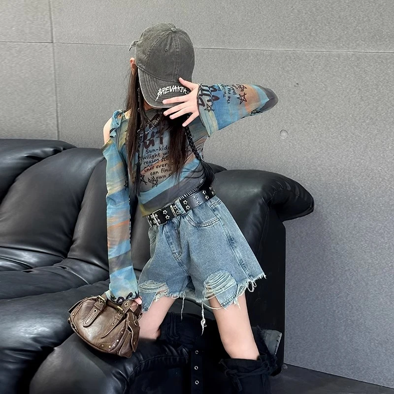 女童袜套牛仔短裤酷飒套装韩式爵士舞辣妹儿童演出服装走秀表演服