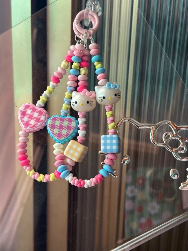 粉色可爱串珠KT猫小熊ins手机链DIY相机挂链防丢绳挂件配饰钥匙扣