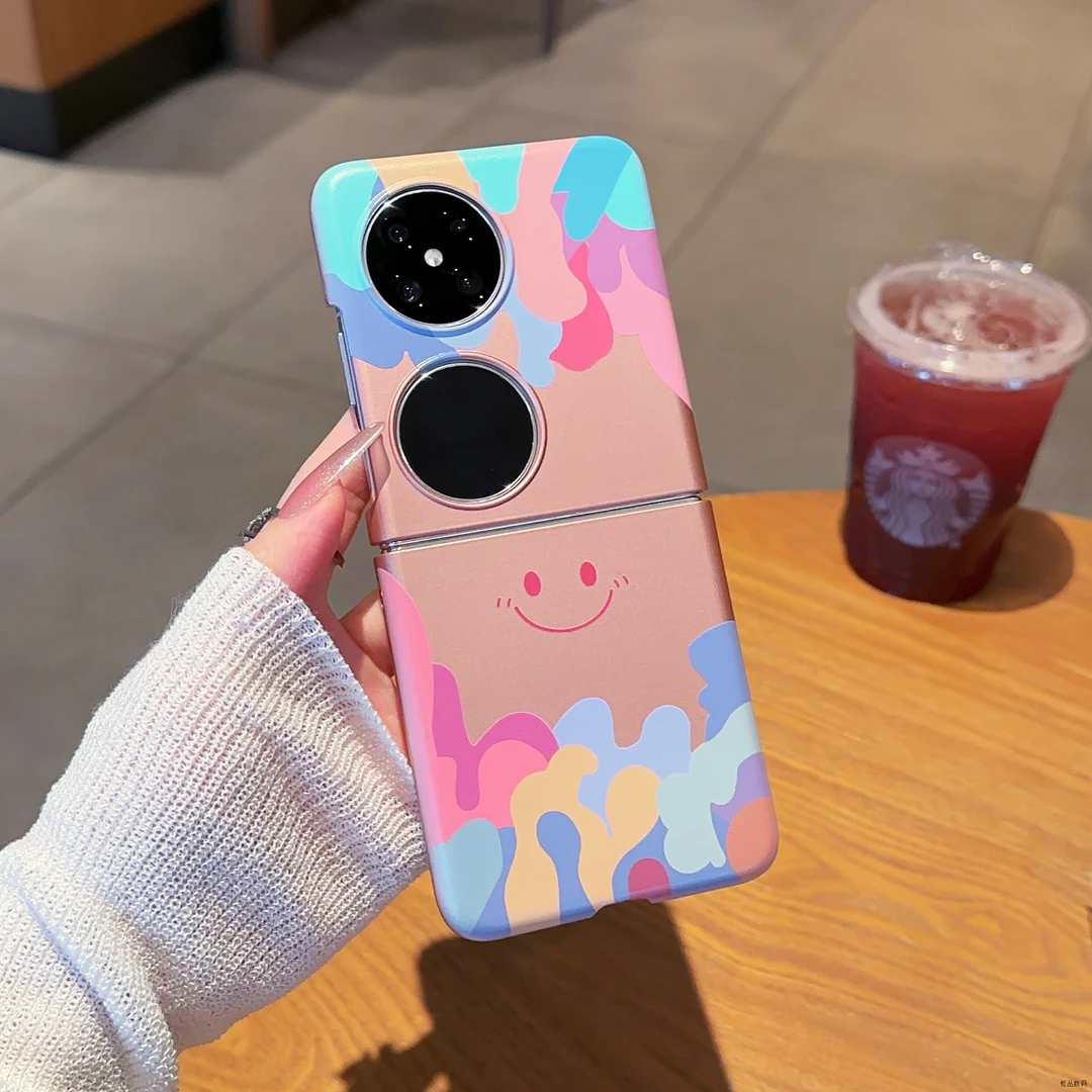 适用于【华为POCKET2】涂鸦笑脸金属漆折叠创意支架手机壳女款