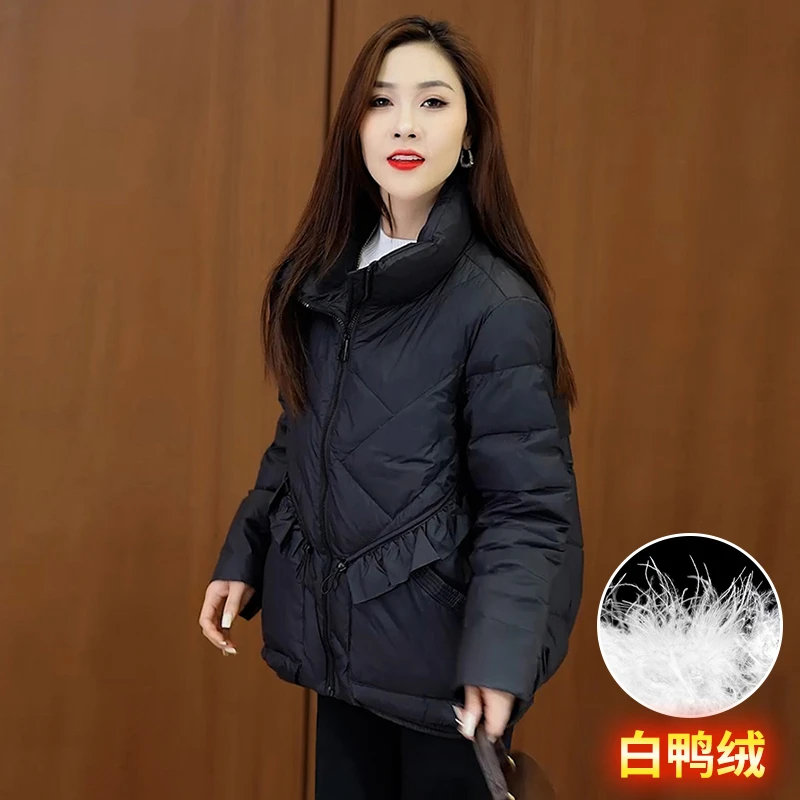 时髦洋气设计感抽绳收腰立领棉服2025冬季新款显瘦短款白鸭绒外套