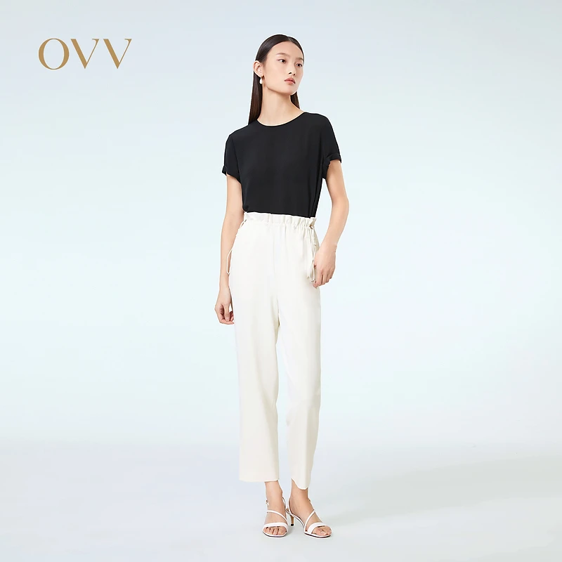 OVV春夏新款女装干净利落抽绳荷叶腰防透时尚休闲长裤