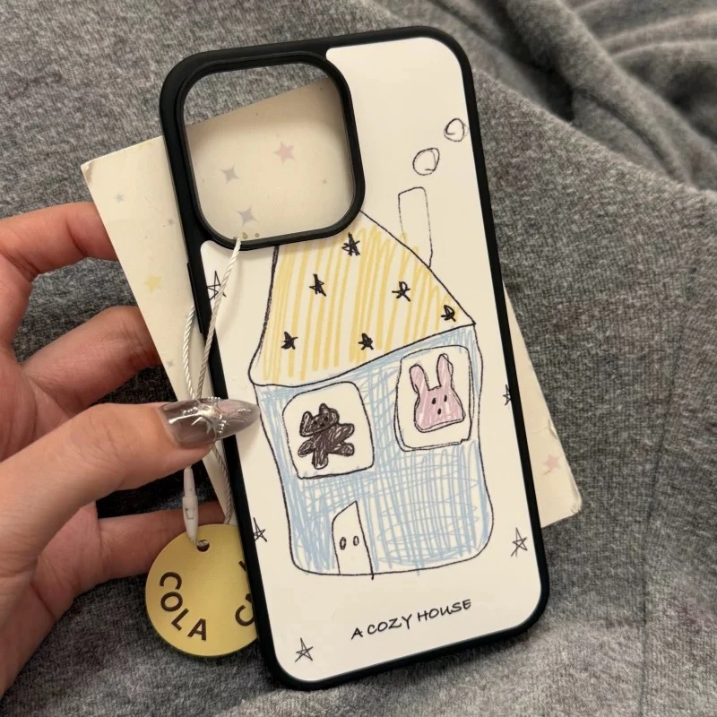 可爱手绘小兔小房子适用苹果16promax女款iphone15亚克力手机壳