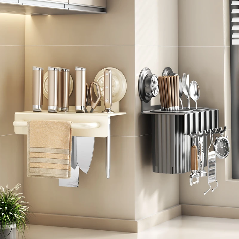厨房吸盘刀架置物架壁挂多功能家用菜刀筷子筒免打孔刀具收纳架子