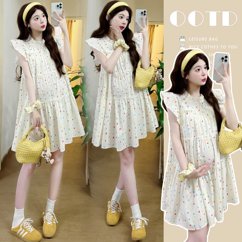 夏季新款孕妇连衣裙时尚气质显瘦小飞袖褶皱层层波点蛋糕裙连衣裙