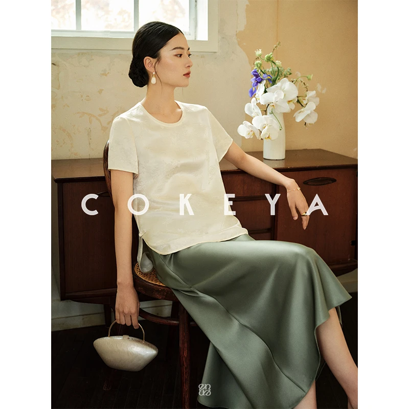 COKEYA/东方美人~桑蚕真丝新中式圆领短袖T恤女夏季国风轻薄衬衫